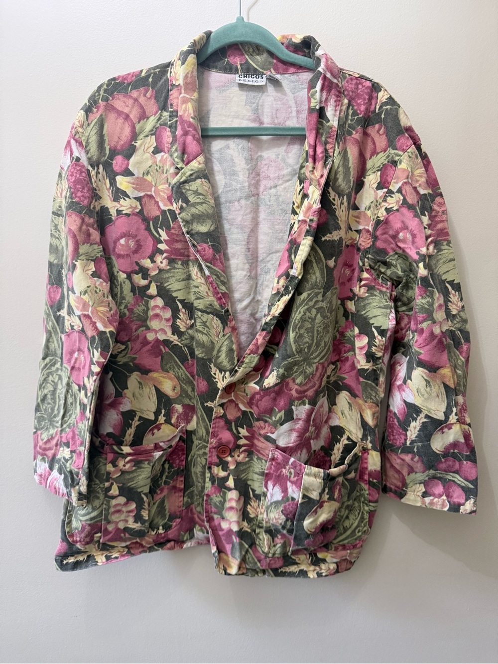 Vintage Floral Fruit Veggies AOP Blazer Jacket Coat Cottage Prarie Boho Cotton L